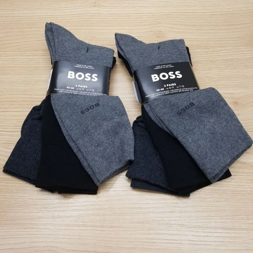 HUGO BOSS Crew Dress Socks Mens 6-Pair Grey Black Cotton Blend 2-Pack x2